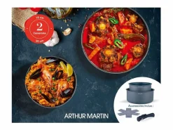 Arthur Martin Material Y Utensilios De Cocina|Set de 2 cacerolas antiadherentes AM2984 Ø16-20 cm, mango desmontable, para todo tipo de fuegos incluyendo inducción, gris mate