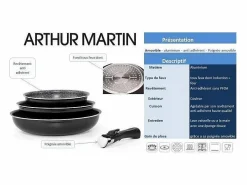 Arthur Martin Material Y Utensilios De Cocina|Set de 3 sartenes 20/24/28 cm antiadherente efecto piedra, mango desmontable, para todo tipo de fuegos incluyendo inducción
