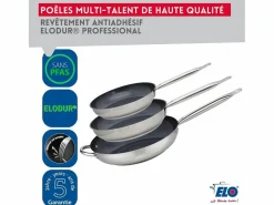 Elo Material Y Utensilios De Cocina|Set de 3 Sartenes de Acero Inoxidable 18/10 DUR® sin PFAS Ø24-28-32 cm con Tapas de Vidrio – Todos los Fuegos, Inducción, Fondo Capsulado Eco