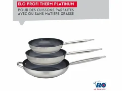 Elo Material Y Utensilios De Cocina|Set de 3 Sartenes de Acero Inoxidable 18/10 DUR® sin PFAS Ø24-28-32 cm con Tapas de Vidrio – Todos los Fuegos, Inducción, Fondo Capsulado Eco