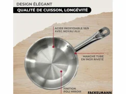 Fackelmann Set de 3 sartenes de acero inoxidable Eterna 20-24-28 cm, compatibles con inducción, mangos remachados, cocción homogénea Plateado Outlet