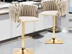 Set de 2 Taburetes de Bar Trenzados - Patas de Metal Dorado - Reposapiés - Altura Ajustable - Giro 360° - Ideal para Cocina, Salón o Bar Marfil Sale