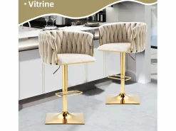 Set de 2 Taburetes de Bar Trenzados - Patas de Metal Dorado - Reposapiés - Altura Ajustable - Giro 360° - Ideal para Cocina, Salón o Bar Marfil Sale