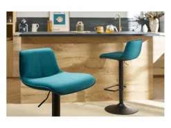 Miliboo Muebles De Bar|Taburete Alto|Set de 2 taburetes de cocina ajustables 360º de terciopelo petróleo y metal negro BOOST