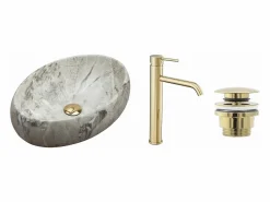 Set Lavabo Sobre Encimera Linda Light Grey + Grifo De Baño Lungo Gold Lungo Gold High + Tapón Gold^Rea New
