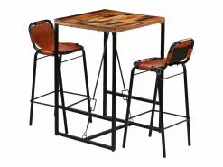 vidaxl Set muebles bar 3 pzas madera reciclada cuero cabra auténtico Color natural claro New