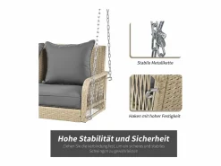Silla colgante de ratán PE 114 cm - 2 plazas - Cojín de asiento acolchado de 11 cm - Beige +^Merax New