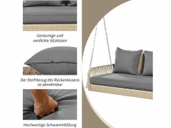 Silla colgante de ratán PE 114 cm - 2 plazas - Cojín de asiento acolchado de 11 cm - Beige +^Merax New