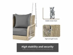 Silla colgante de ratán PE 114 cm - 2 plazas - Cojín de asiento acolchado de 11 cm - Beige +^Merax New