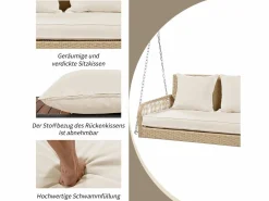 Silla colgante de ratán PE 114 cm - 2 plazas - Cojín de asiento acolchado de 11 cm -^Merax Best