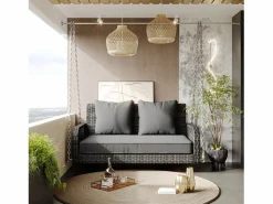 Silla colgante de ratán PE 114 cm - 2 plazas - Cojín de asiento acolchado de 11 cm -^Merax Clearance