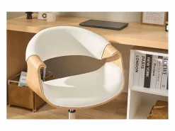 Miliboo Silla de escritorio moderna polipiel blanca/madera clara ARAMIS Blanco
