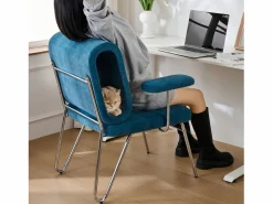 Merax Silla de oficina - 77 x 70 x 89 cm - con cama para gatos integrada - reposabrazos reemplazables - Madera + Acero - Azul