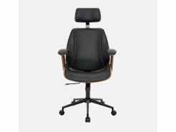 Silla de oficina con ruedas, madera curvada y acabado en polipiel^Sweeek