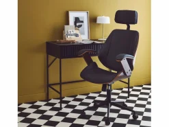 Silla de oficina con ruedas, madera curvada y acabado en polipiel^Sweeek