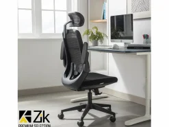 Silla De Oficina|Silla de Oficina Giratoria Ergonómica con Reposabrazos y Reposacabezas, con Apoyo Lumbar, Altura Ajustable en Tejido, Negra - ZIK