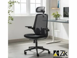 Silla De Oficina|Silla de Oficina Giratoria Ergonómica con Reposabrazos y Reposacabezas, con Apoyo Lumbar, Altura Ajustable en Tejido, Negra - ZIK