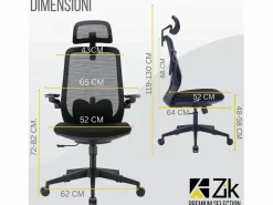 Silla De Oficina|Silla de Oficina Giratoria Ergonómica con Reposabrazos y Reposacabezas, con Apoyo Lumbar, Altura Ajustable en Tejido, Negra - ZIK