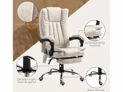 Vinsetto Silla De Oficina|Silla de oficina Orquídea Homcom 6 puntos de masaje + calefacción + reposapiés crema 113-120x70x62 cm