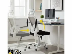 Silla de oficina Silla ergonómica Soporte lumbar con reposabrazos y reposacabezas oscilante, y gris - ZIK Blanco Discount