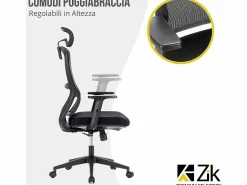 Silla giratoria de oficina ergonómica con reposabrazos, reposacabezas y soporte lumbar, ajustable, silla de escritorio de tela, - ZIK Negro Sale