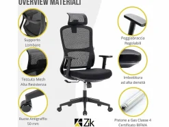 Silla giratoria de oficina ergonómica con reposabrazos, reposacabezas y soporte lumbar, ajustable, silla de escritorio de tela, - ZIK Negro Sale