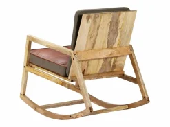 vidaxl Silla mecedora de cuero auténtico y madera mango maciza marrón Marru00f3n Sale