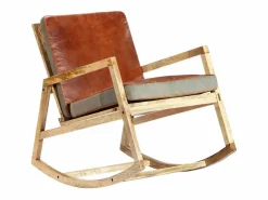 vidaxl Silla mecedora de cuero auténtico y madera mango maciza marrón Marru00f3n Sale