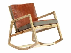 vidaxl Silla mecedora de cuero auténtico y madera mango maciza marrón Marru00f3n Sale