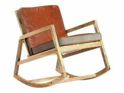 vidaxl Silla mecedora de cuero auténtico y madera mango maciza marrón Marru00f3n Sale