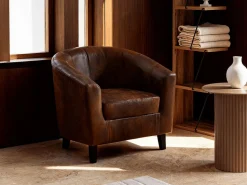 Vente-unique Sillón Estilo Cabriolet|Sillón cabriolet de microfibra envejecida marrón CRISTOBAL II