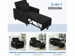 Sillón cama 3 en 1 con función reclinable, tela, (84x74x81 cm) Negro Clearance