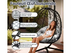 Sillón colgante HOMEMIYN con cojín, silla hamaca con soporte metálico negro, cojín o beige, ideal para jardín y balcón en primavera^