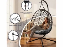Sillón colgante HOMEMIYN con cojín, silla hamaca con soporte metálico negro, cojín o beige, ideal para jardín y balcón en primavera^