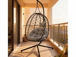 Sillón colgante HOMEMIYN con cojín, silla hamaca con soporte metálico negro, cojín o beige, ideal para jardín y balcón en primavera^