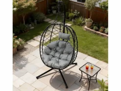Sillón colgante HOMEMIYN con cojín, silla hamaca con soporte metálico negro, cojín o beige, ideal para jardín y balcón en primavera^