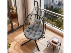 Sillón colgante HOMEMIYN con cojín, silla hamaca con soporte metálico negro, cojín o beige, ideal para jardín y balcón en primavera^