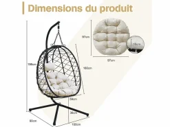 Sillón colgante HOMEMIYN con cojín, silla hamaca con soporte metálico negro, cojín gris o beige, ideal para jardín y balcón en primavera^