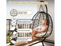 Sillón colgante HOMEMIYN con cojín, silla hamaca con soporte metálico negro, cojín gris o beige, ideal para jardín y balcón en primavera^