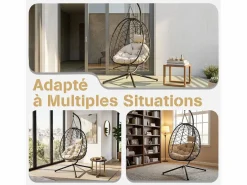 Sillón colgante HOMEMIYN con cojín, silla hamaca con soporte metálico negro, cojín gris o beige, ideal para jardín y balcón en primavera^