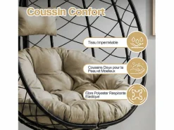 Sillón colgante HOMEMIYN con cojín, silla hamaca con soporte metálico negro, cojín gris o beige, ideal para jardín y balcón en primavera^