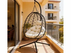 Sillón colgante HOMEMIYN con cojín, silla hamaca con soporte metálico negro, cojín gris o beige, ideal para jardín y balcón en primavera^