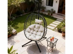 Sillón colgante HOMEMIYN con cojín, silla hamaca con soporte metálico negro, cojín gris o beige, ideal para jardín y balcón en primavera^