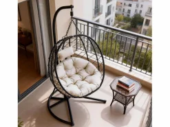 Sillón colgante HOMEMIYN con cojín, silla hamaca con soporte metálico negro, cojín gris o beige, ideal para jardín y balcón en primavera^
