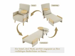 DripeX Sillón Cama|Sillón convertible de lino , con mesa de madera y almohada, respaldo ajustable, superficie para acostarse 180x62 cm
