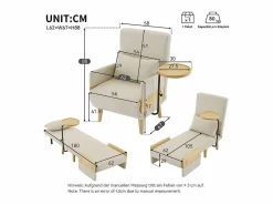 DripeX Sillón Cama|Sillón convertible de lino , con mesa de madera y almohada, respaldo ajustable, superficie para acostarse 180x62 cm