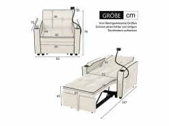 DripeX Sillón convertible, en terciopelo, con soporte de copa y soporte telefónico, 75/167x83x76cm, Beige Discount