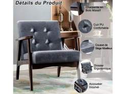Sillón de cuero artificial tapizado estilo vintage - Sillón de madera natural para oficina o dormitorio, azul Gris Outlet