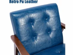 Sillón de cuero artificial tapizado estilo vintage - Sillón de madera natural para oficina o dormitorio, azul Gris Outlet