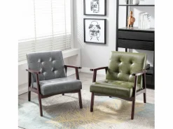 Sillón de cuero artificial tapizado estilo vintage - Sillón de madera natural para oficina o dormitorio, azul Gris Outlet